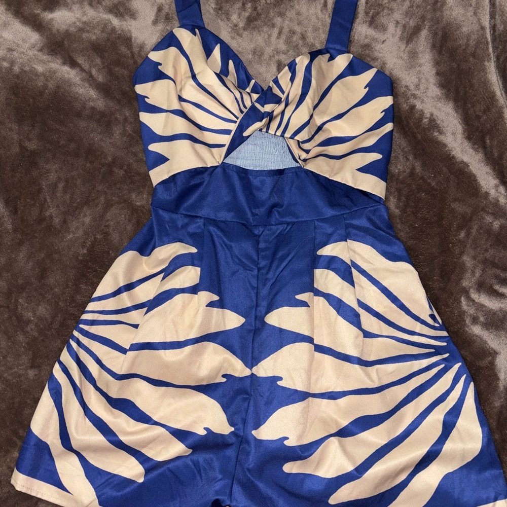 SHEIN Blue and Cream Patterned Jumpsuit